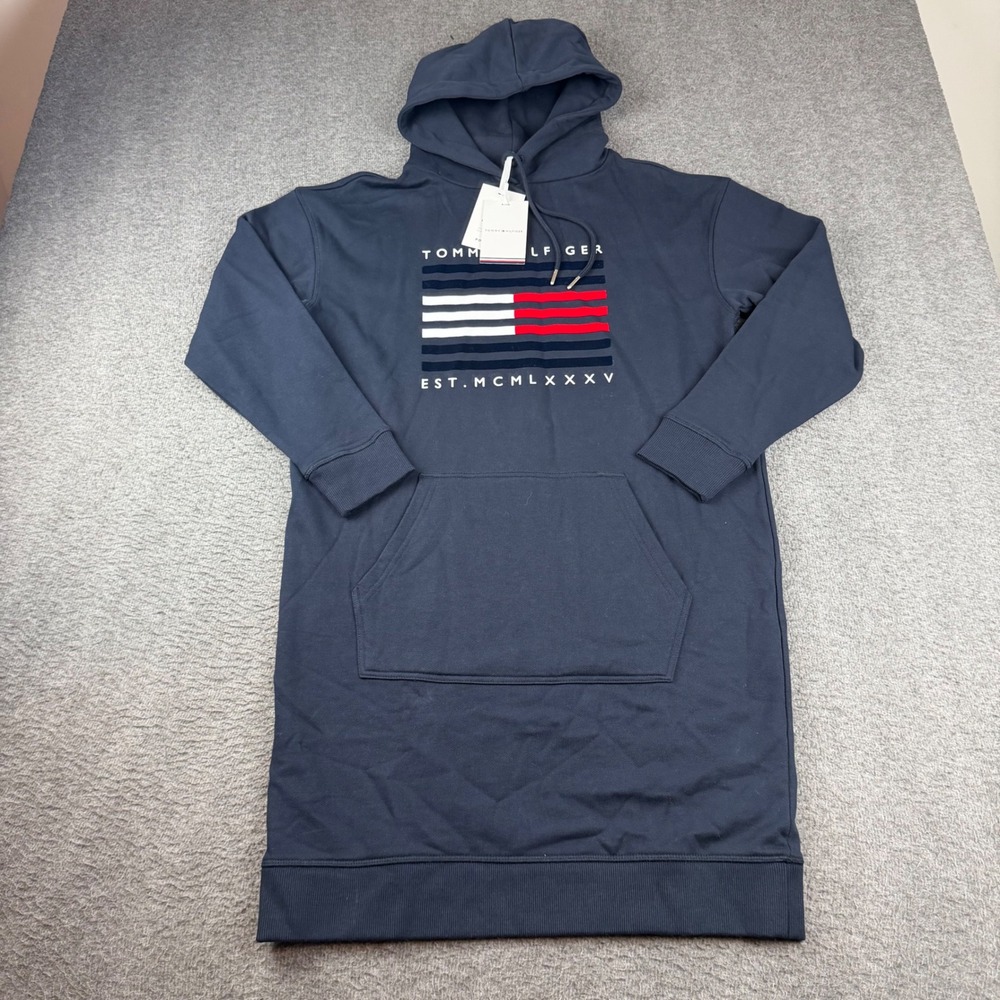 Tommy Hilfiger Hoodie Dress Women's XXS Navy Blue Logo Graphic Long Sleeve NEW